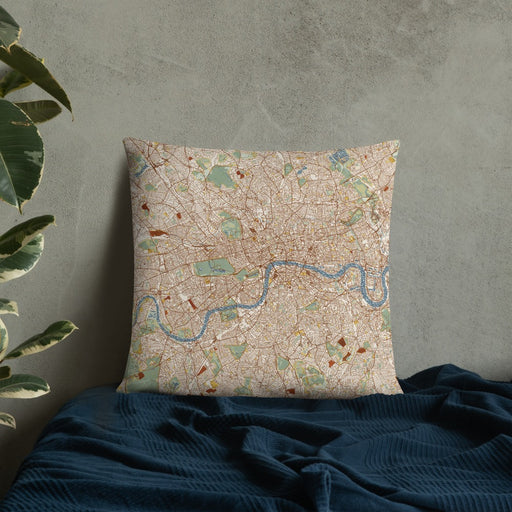 Custom London United Kingdom Map Throw Pillow in Woodblock on Bedding Against Wall
