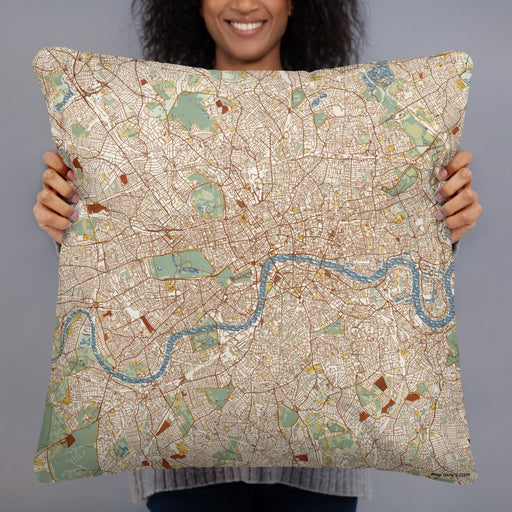 Person holding 22x22 Custom London United Kingdom Map Throw Pillow in Woodblock