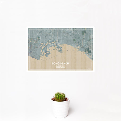 12x18 Long Beach California Map Print Landscape Orientation in Afternoon Style With Small Cactus Plant in White Planter