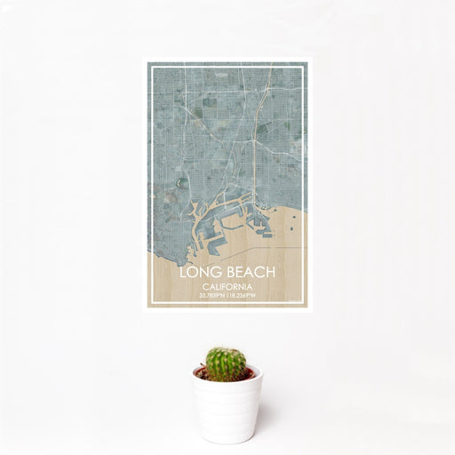 12x18 Long Beach California Map Print Portrait Orientation in Afternoon Style With Small Cactus Plant in White Planter