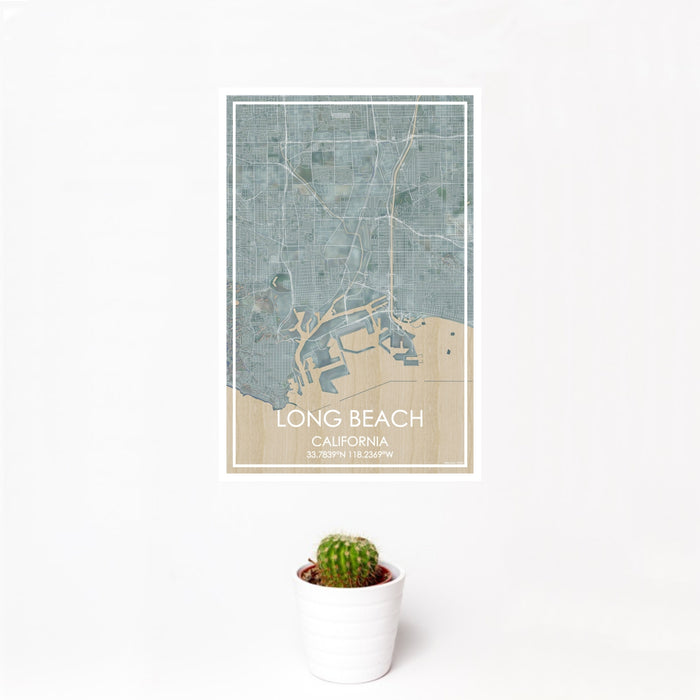 12x18 Long Beach California Map Print Portrait Orientation in Afternoon Style With Small Cactus Plant in White Planter