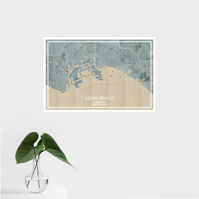 16x24 Long Beach California Map Print Landscape Orientation in Afternoon Style With Tropical Plant Leaves in Water