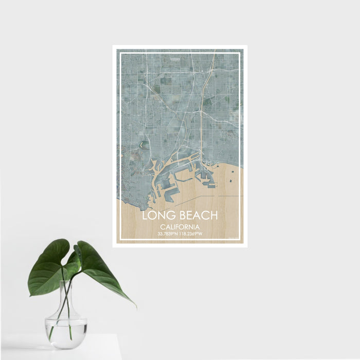 16x24 Long Beach California Map Print Portrait Orientation in Afternoon Style With Tropical Plant Leaves in Water