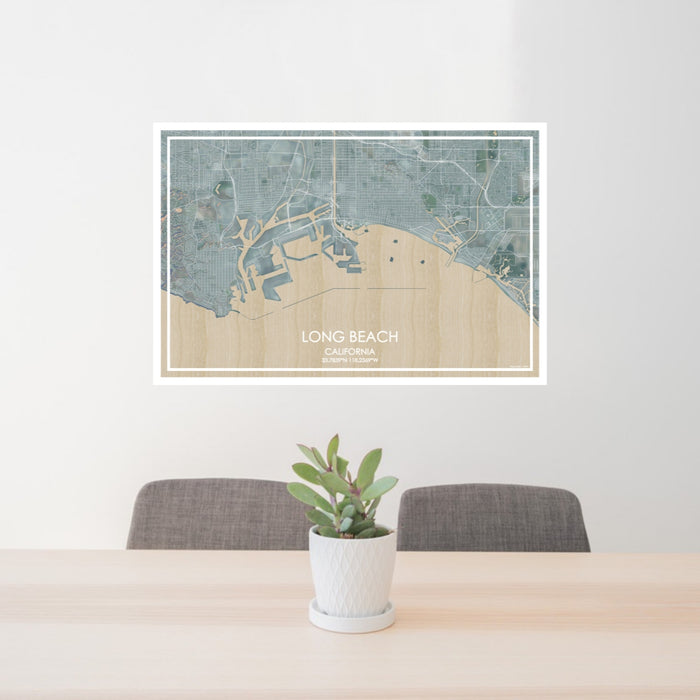 24x36 Long Beach California Map Print Lanscape Orientation in Afternoon Style Behind 2 Chairs Table and Potted Plant