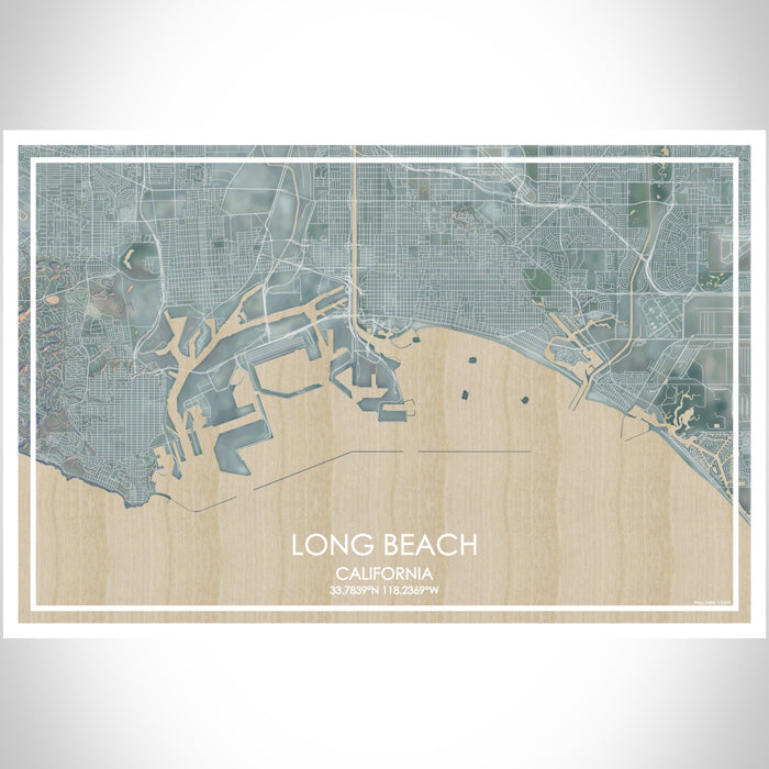 Long Beach California Map Print Landscape Orientation in Afternoon Style With Shaded Background