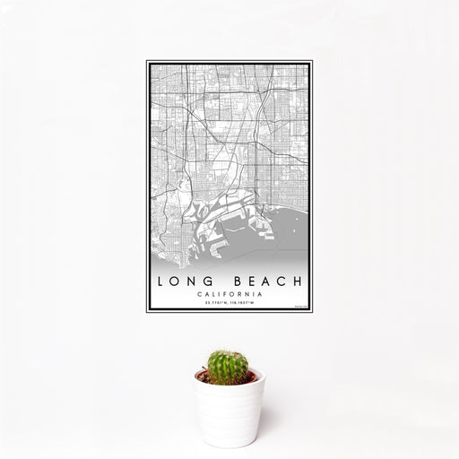 12x18 Long Beach California Map Print Portrait Orientation in Classic Style With Small Cactus Plant in White Planter