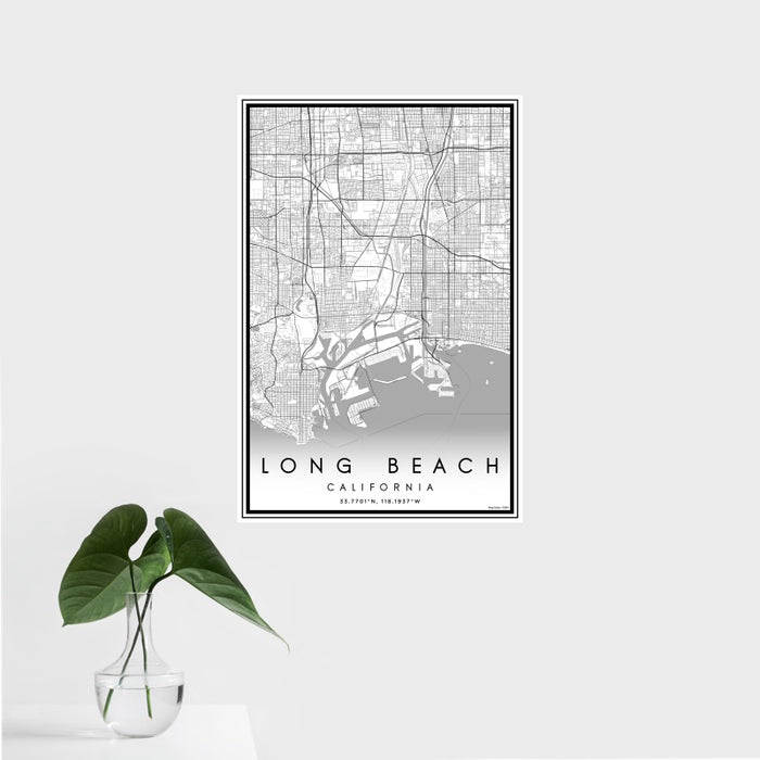 16x24 Long Beach California Map Print Portrait Orientation in Classic Style With Tropical Plant Leaves in Water