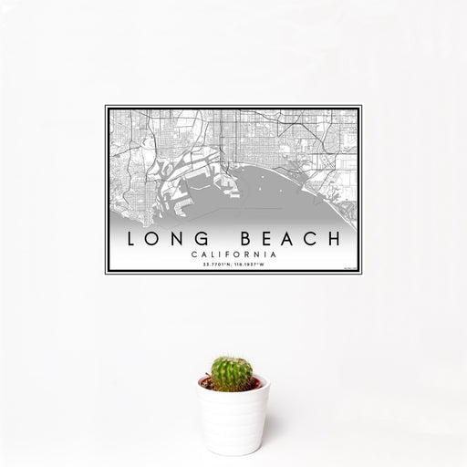 12x18 Long Beach California Map Print Landscape Orientation in Classic Style With Small Cactus Plant in White Planter