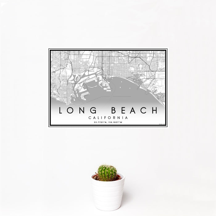 12x18 Long Beach California Map Print Landscape Orientation in Classic Style With Small Cactus Plant in White Planter