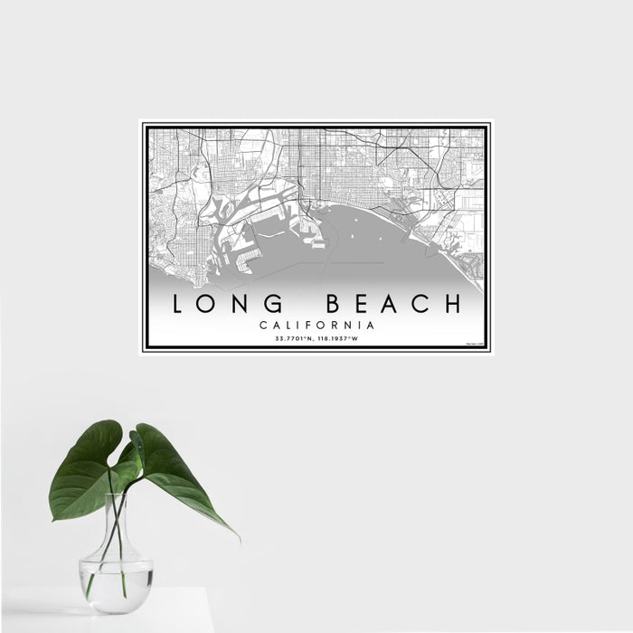 16x24 Long Beach California Map Print Landscape Orientation in Classic Style With Tropical Plant Leaves in Water