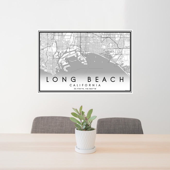 24x36 Long Beach California Map Print Landscape Orientation in Classic Style Behind 2 Chairs Table and Potted Plant
