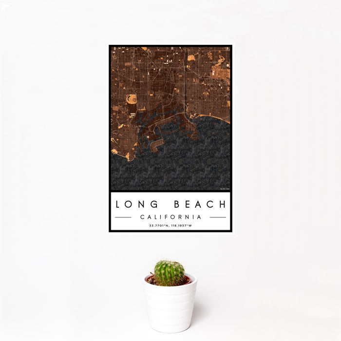 12x18 Long Beach California Map Print Portrait Orientation in Ember Style With Small Cactus Plant in White Planter