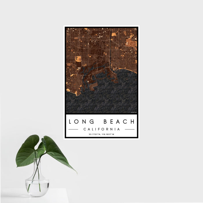 16x24 Long Beach California Map Print Portrait Orientation in Ember Style With Tropical Plant Leaves in Water