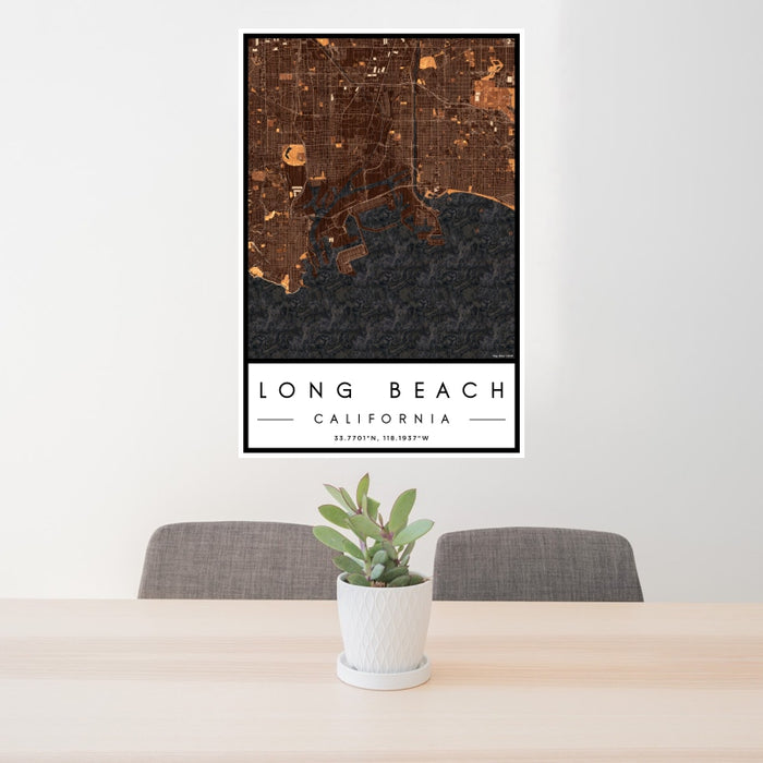 24x36 Long Beach California Map Print Portrait Orientation in Ember Style Behind 2 Chairs Table and Potted Plant