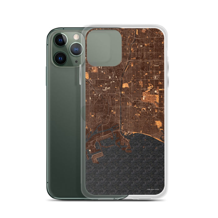 Custom Long Beach California Map Phone Case in Ember on Table with Laptop and Plant