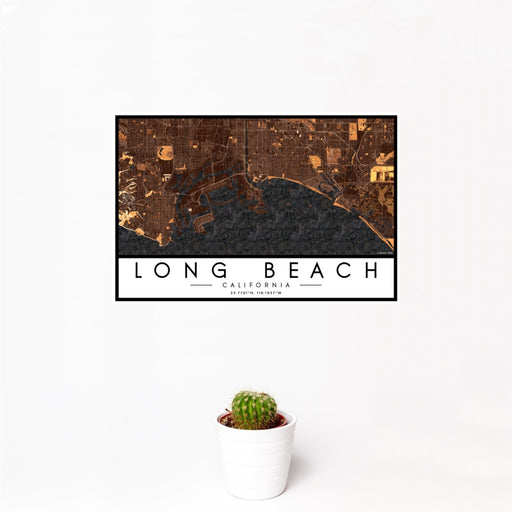 12x18 Long Beach California Map Print Landscape Orientation in Ember Style With Small Cactus Plant in White Planter