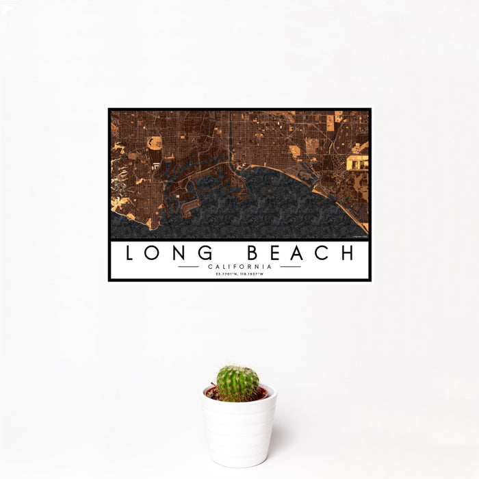 12x18 Long Beach California Map Print Landscape Orientation in Ember Style With Small Cactus Plant in White Planter
