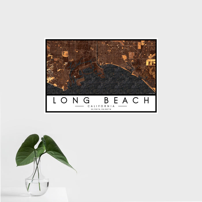 16x24 Long Beach California Map Print Landscape Orientation in Ember Style With Tropical Plant Leaves in Water