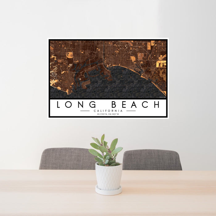 24x36 Long Beach California Map Print Landscape Orientation in Ember Style Behind 2 Chairs Table and Potted Plant