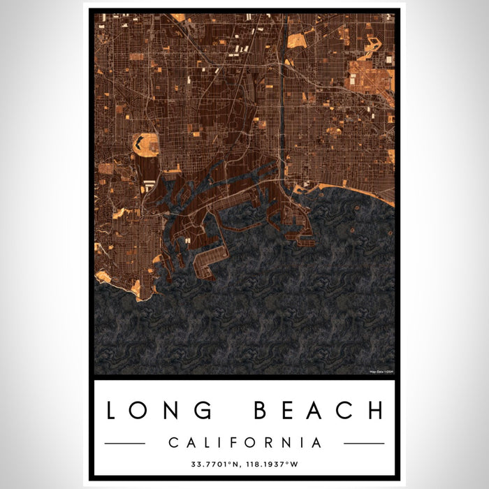 Long Beach California Map Print Portrait Orientation in Ember Style With Shaded Background