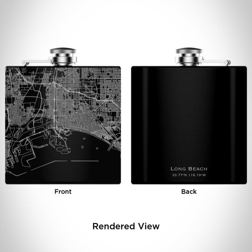 Rendered View of Long Beach California Map Engraving on 6oz Stainless Steel Flask in Black
