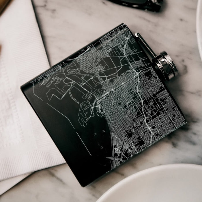 Long Beach California Custom Engraved City Map Inscription Coordinates on 6oz Stainless Steel Flask in Black