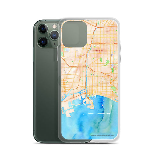 Custom Long Beach California Map Phone Case in Watercolor on Table with Laptop and Plant