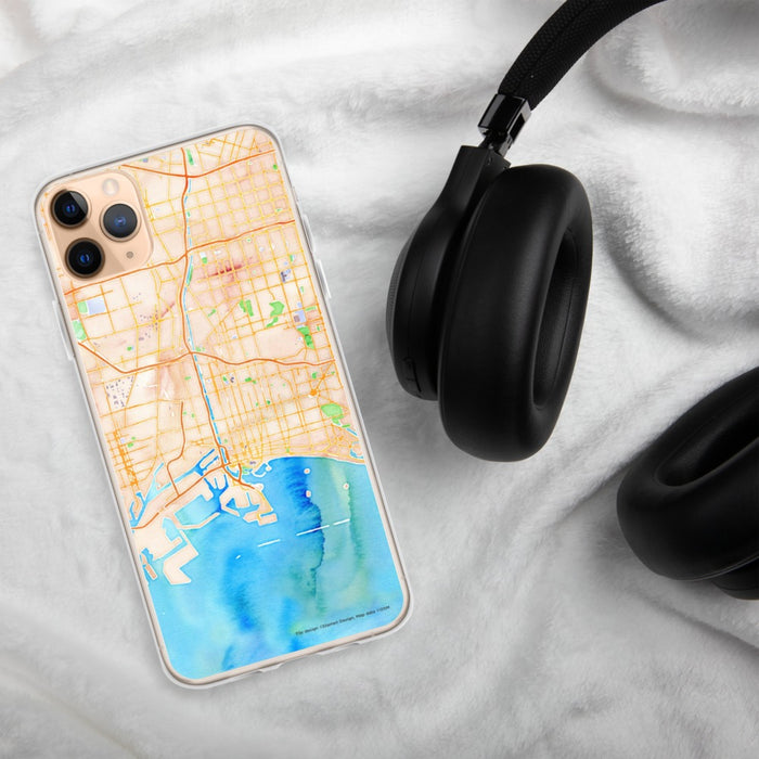 Custom Long Beach California Map Phone Case in Watercolor on Table with Black Headphones