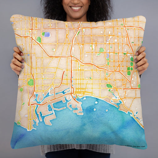 Person holding 22x22 Custom Long Beach California Map Throw Pillow in Watercolor
