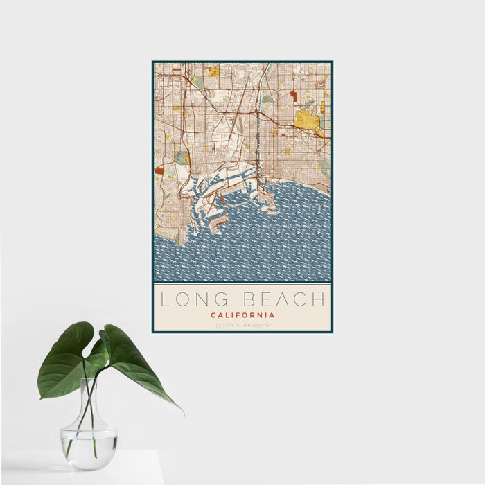 16x24 Long Beach California Map Print Portrait Orientation in Woodblock Style With Tropical Plant Leaves in Water