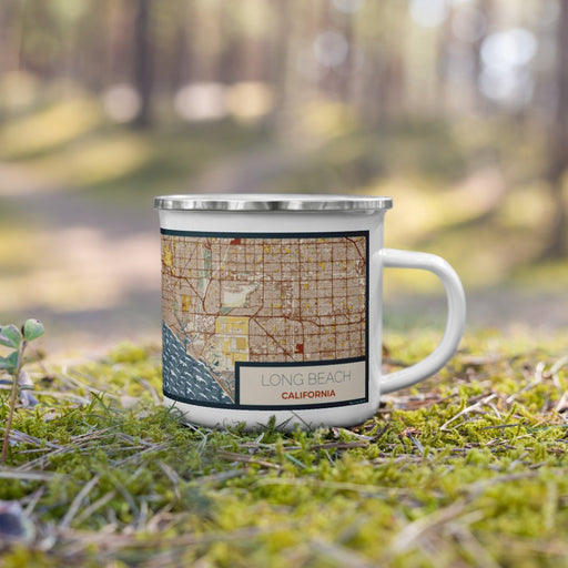 Right View Custom Long Beach California Map Enamel Mug in Woodblock on Grass With Trees in Background