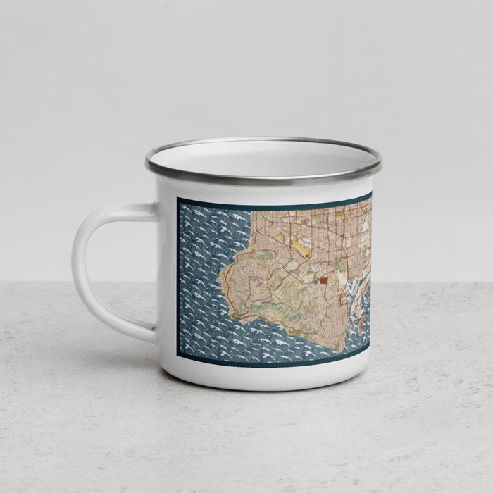Left View Custom Long Beach California Map Enamel Mug in Woodblock
