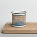 Front View Custom Long Beach California Map Enamel Mug in Woodblock on Cutting Board