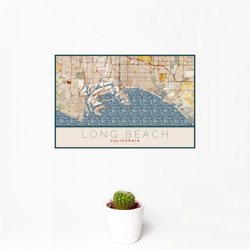 12x18 Long Beach California Map Print Landscape Orientation in Woodblock Style With Small Cactus Plant in White Planter