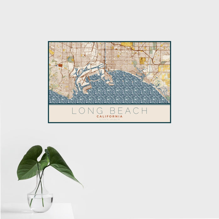 16x24 Long Beach California Map Print Landscape Orientation in Woodblock Style With Tropical Plant Leaves in Water