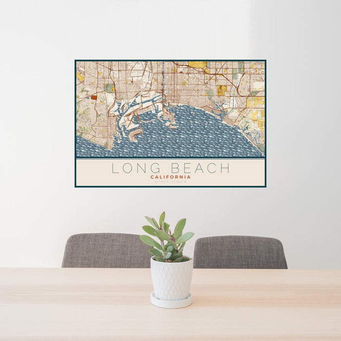 24x36 Long Beach California Map Print Landscape Orientation in Woodblock Style Behind 2 Chairs Table and Potted Plant