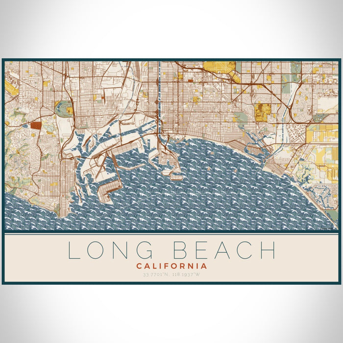 Long Beach California Map Print Landscape Orientation in Woodblock Style With Shaded Background