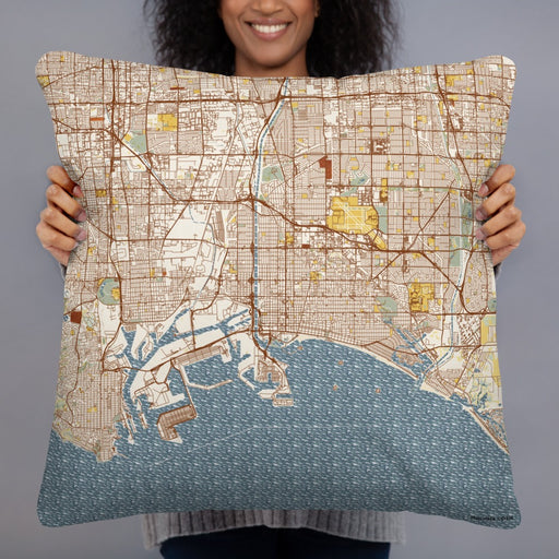 Person holding 22x22 Custom Long Beach California Map Throw Pillow in Woodblock