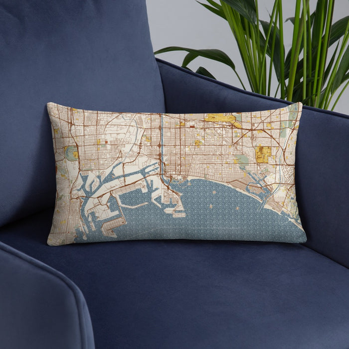 Custom Long Beach California Map Throw Pillow in Woodblock on Blue Colored Chair