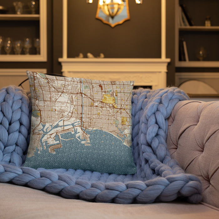 Custom Long Beach California Map Throw Pillow in Woodblock on Cream Colored Couch