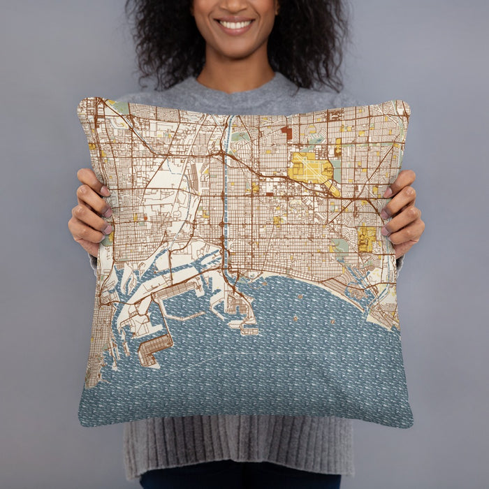 Person holding 18x18 Custom Long Beach California Map Throw Pillow in Woodblock