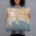 Person holding 18x18 Custom Long Beach California Map Throw Pillow in Woodblock