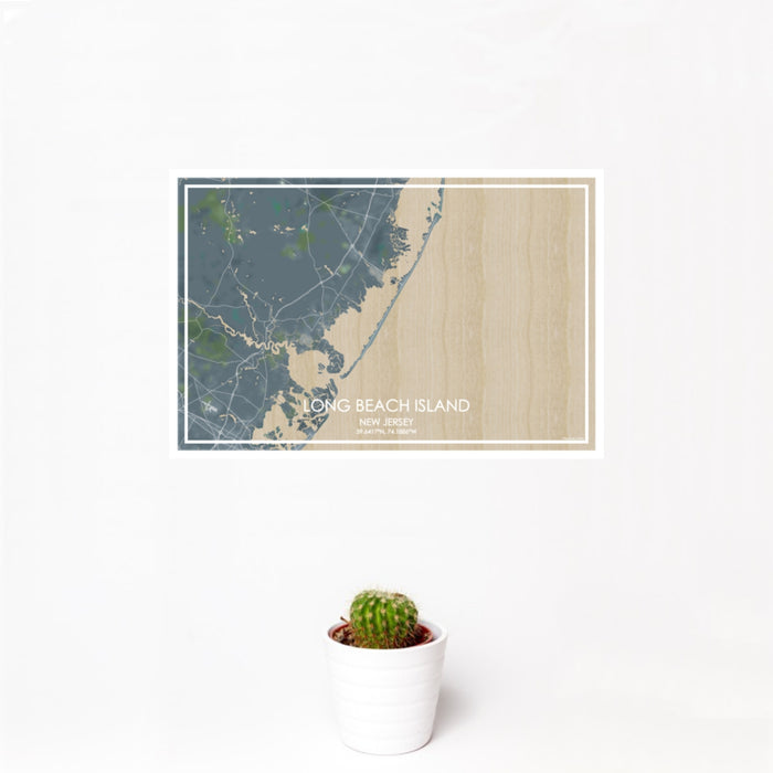 12x18 Long Beach Island New Jersey Map Print Landscape Orientation in Afternoon Style With Small Cactus Plant in White Planter