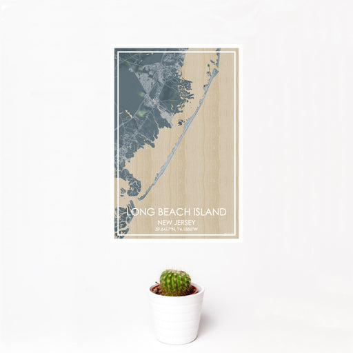 12x18 Long Beach Island New Jersey Map Print Portrait Orientation in Afternoon Style With Small Cactus Plant in White Planter