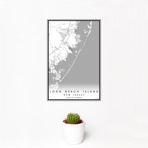 12x18 Long Beach Island New Jersey Map Print Portrait Orientation in Classic Style With Small Cactus Plant in White Planter