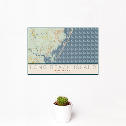 12x18 Long Beach Island New Jersey Map Print Landscape Orientation in Woodblock Style With Small Cactus Plant in White Planter