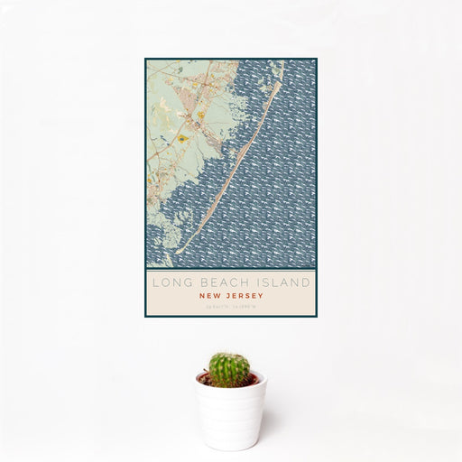 12x18 Long Beach Island New Jersey Map Print Portrait Orientation in Woodblock Style With Small Cactus Plant in White Planter