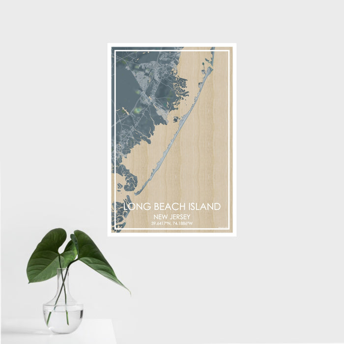 16x24 Long Beach Island New Jersey Map Print Portrait Orientation in Afternoon Style With Tropical Plant Leaves in Water