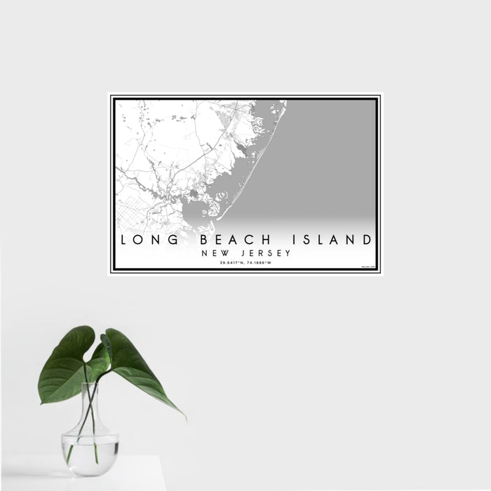 16x24 Long Beach Island New Jersey Map Print Landscape Orientation in Classic Style With Tropical Plant Leaves in Water