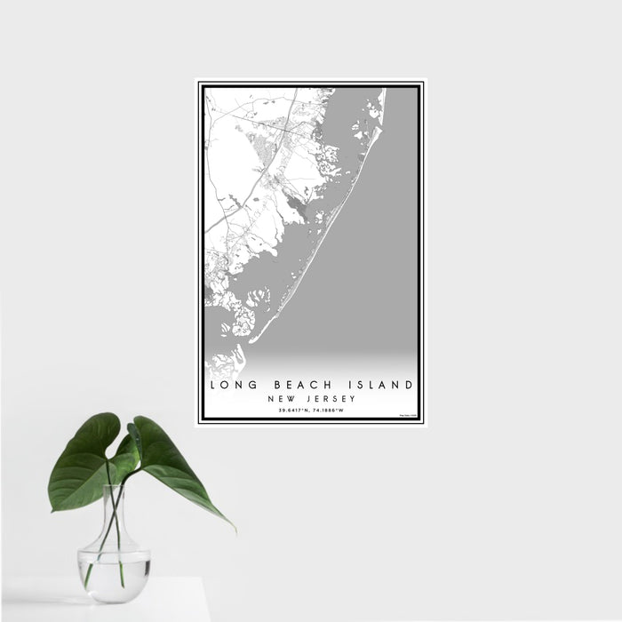16x24 Long Beach Island New Jersey Map Print Portrait Orientation in Classic Style With Tropical Plant Leaves in Water